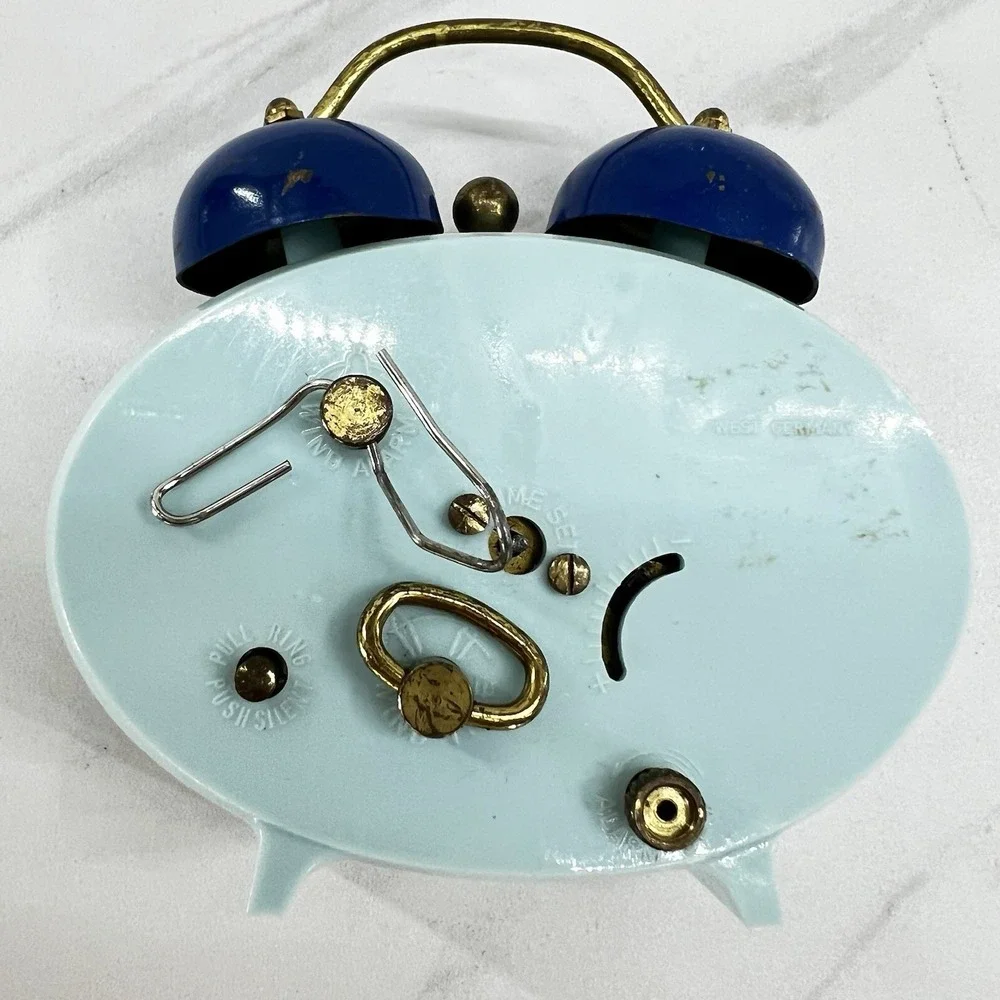 Vtg Bradley West Germany Twin Bell Alarm Clock Blue Brass Wind Up Retro MCM 9.5